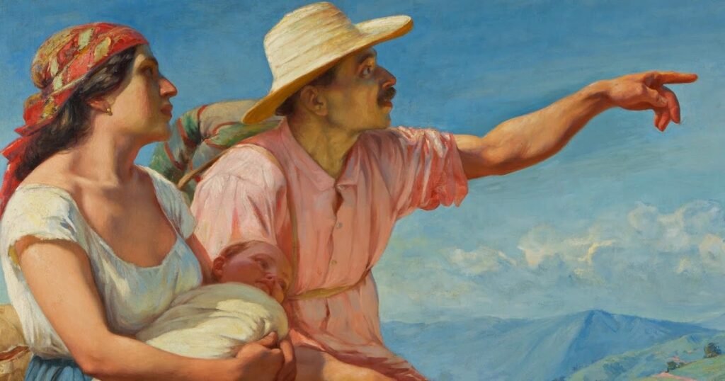 El hombre que apunta no es un héroe de mármol. Lleva sombrero de paja, camisa rosada desteñida por el sol, un atado de viajero a la espalda.
