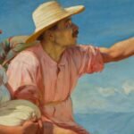 El hombre que apunta no es un héroe de mármol. Lleva sombrero de paja, camisa rosada desteñida por el sol, un atado de viajero a la espalda.