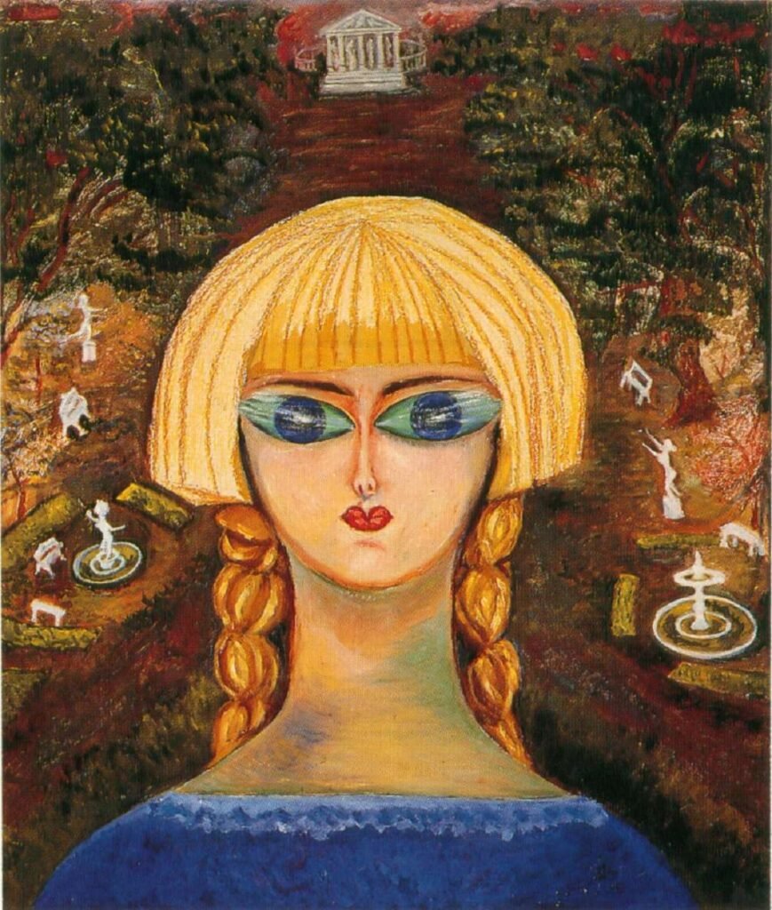 La imagen muestra la obra Autorretrato en los jardines de Versalles, pintada por la artista mexicana Nahui Olin (seudónimo de Carmen Mondragón) alrededor de 1925.